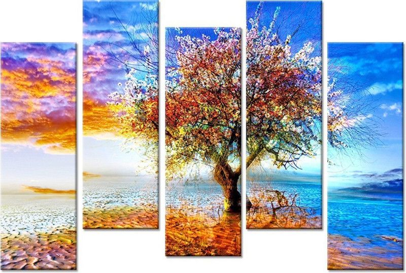 WALLMANTRA Abstract Tree Canvas wall hanging / 5 panel canvas print /Home Decor for Living Room, Bedroom, Office Decoration Canvas 24 inch x 44 inch Painting  (With Frame)