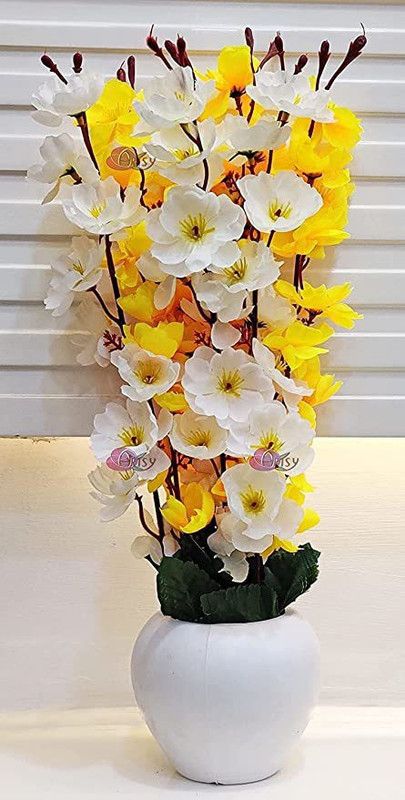 Nutts Yellow, White Cherry Blossom Artificial Flower with Pot  (8 inch, Pack of 2, Flower with Basket)