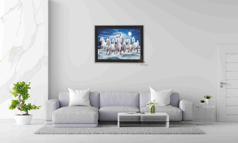 ArtMania SKY BLUE 7 RUNNING HORSES Digital Reprint 19 inch x 13 inch Painting  (Without Frame)