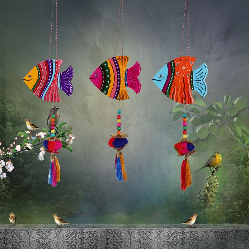 Priscilla Suanand Fish Wall Hangings and Hand-Painted Hanging Decorative (Pack of 3) Decorative Showpiece - 43 cm  (Wood, Multicolor)