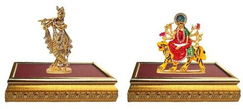 BEI Set of 2 with wooden base Lord Krishna Idol Krishan statue Showpiece& Goddess Durga Devi / Maa Sherawali Idol - Navratri Pooja Statue Decorative Showpiece Decorative Showpiece - 11 cm  (Brass, Multicolor)