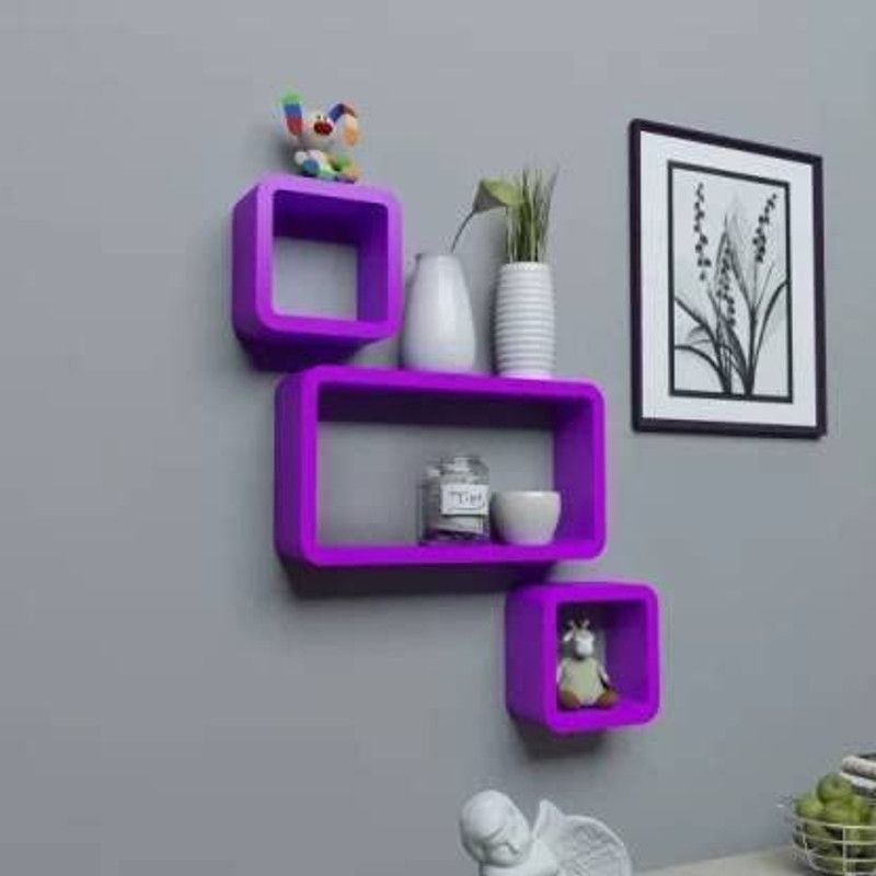 Explore Wood Craft Cube Shape Wooden Wall Shelf Living Room Wall Mount Wall Storage Shelf Rack MDF (Medium Density Fiber) Wall Shelf  (Number of Shelves - 3, Purple)