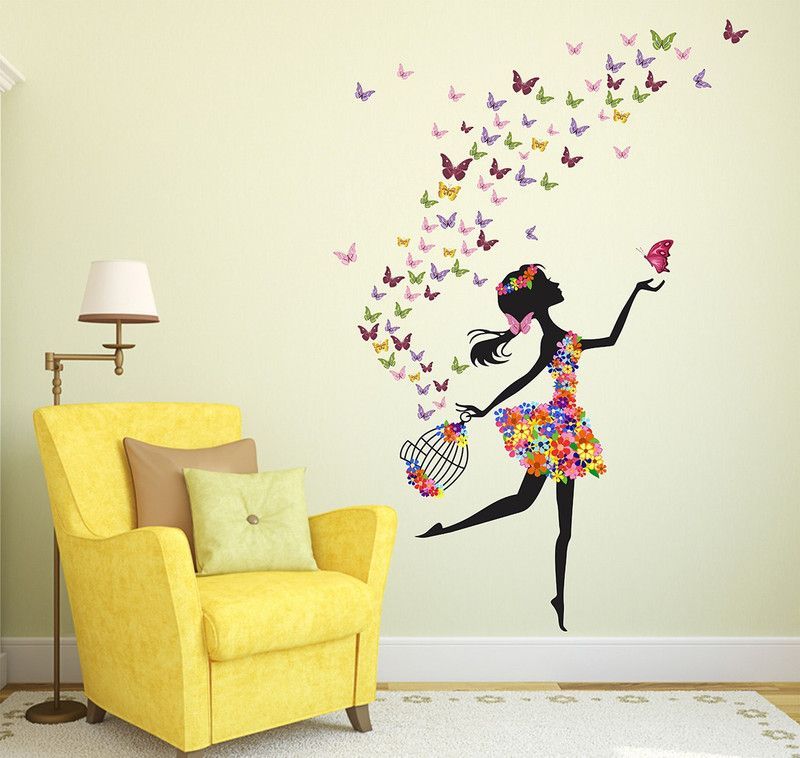 Wollfill 69 cm Beautiful Girl and Colorful Betterflies Self Adhesive Sticker  (Pack of 1)