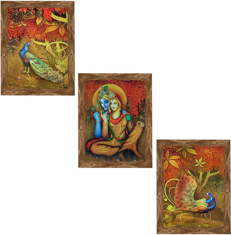 Set of 3 Radha Krishna with Peacocks Art Painting (3910WNT) without glass Digital Reprint 30 inch x 13 inch Painting
