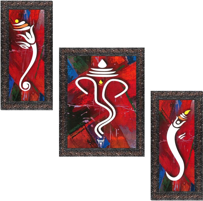 Indianara Set of 3 Lord Ganesha Framed Art Painting (3728GBN) without glass (6 X 13, 10.2 X 13, 6 X 13 INCH) Digital Reprint 13 inch x 10.2 inch Painting  (With Frame, Pack of 3)