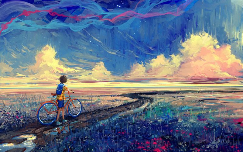 Poster Creative Digital Painting Boy With Bicycle sl274 (Wall Poster, 13x19 Inches, Matte, Multicolor) Fine Art Print  (13 inch X 19 inch, Rolled)