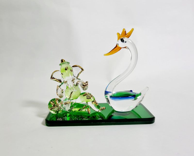 AkGlass Resting Ganesha With Swan Glass Showpiece God Idol Lord Ganesha Showpiece Decorative Showpiece - 9 cm  (Glass, Green)