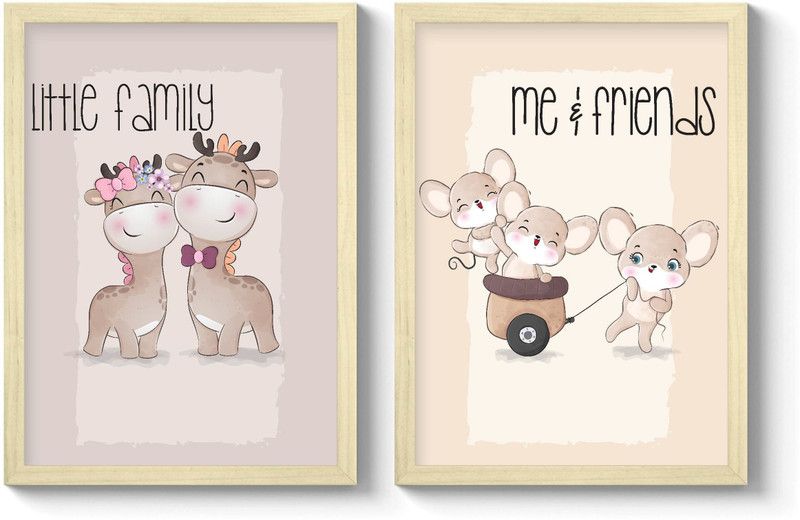 GS Decor Set of 2 Giraffe & Friends Kids Wall Frame | Wall Decor | Ready To Hang Digital Reprint 12 inch x 9 inch Painting  (With Frame, Pack of 2)
