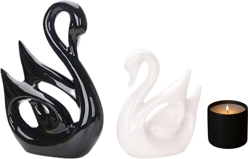 Ceramic Shop Home Decor Lucky Swan Couple Piano Finish Ceramic(Set of 2Pc)With (Worth Rs 399) Candle  (Black, White, Pack of 1)