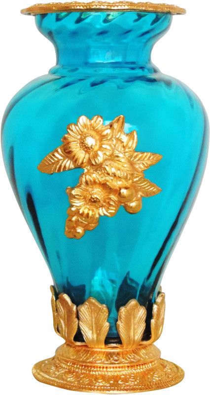 Brass Gift Center Flower Pot Glass Gold Light Blue Aluminium, Glass Vase  (10.5 inch, Gold, Blue)