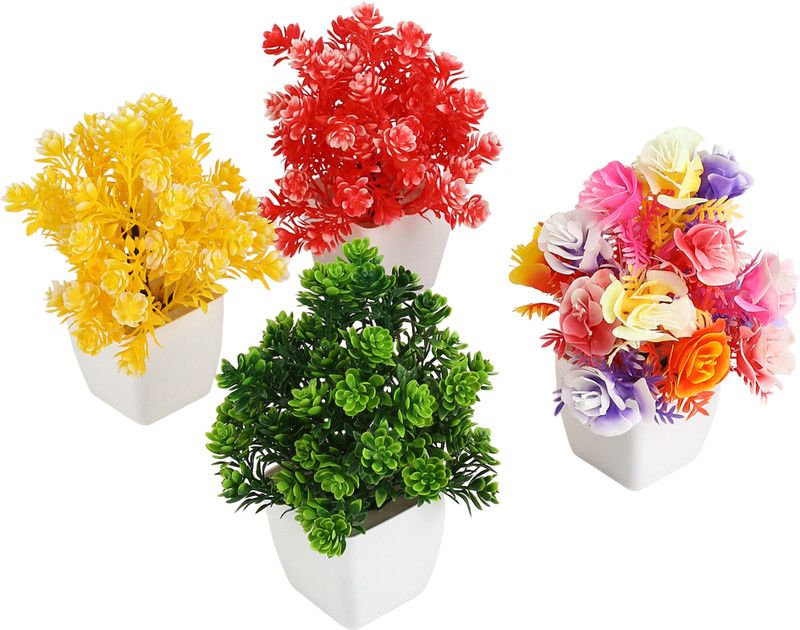 PAMLAND Multicolor Wild Flower Artificial Flower with Pot  (7 inch, Pack of 4, Flower Bunch)