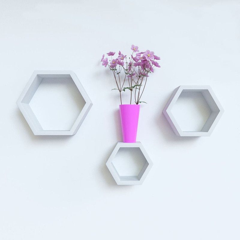 Cherry Wood Wooden Hexagon Shape Floating Wall Shelves Set of 3 | White MDF (Medium Density Fiber) Wall Shelf  (Number of Shelves - 3, White)