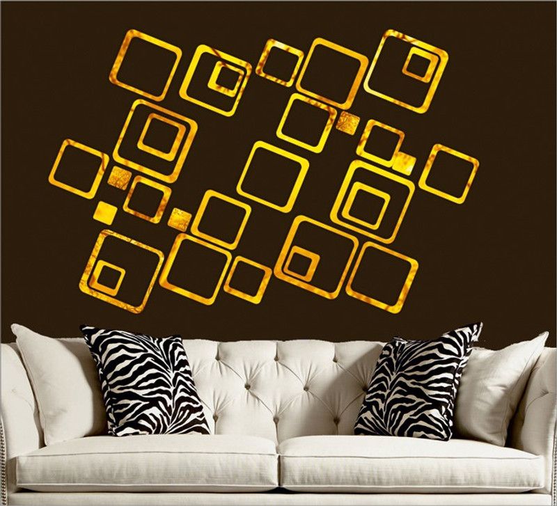 RadhaKripa 151 cm 30 golden square 3D Acrylic Stickers Mirror Stickers Wall Stickers Self Adhesive Sticker  (Pack of 1)