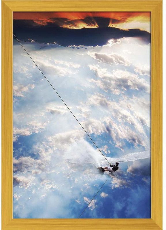 Man Moves On Water Skis In The Sky Paper Poster Golden Frame | Top Acrylic Glass 13inch x 19inch (33cms x 48.3cms) Paper Print  (19 inch X 13 inch, Framed)