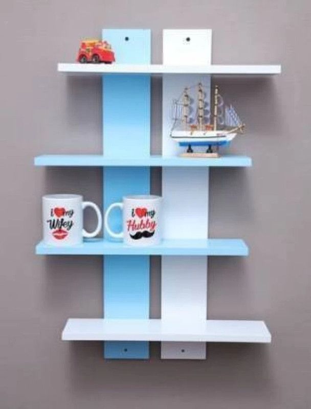 NationalArts Wooden Wall Shelf  (Number of Shelves - 4, White, Blue)