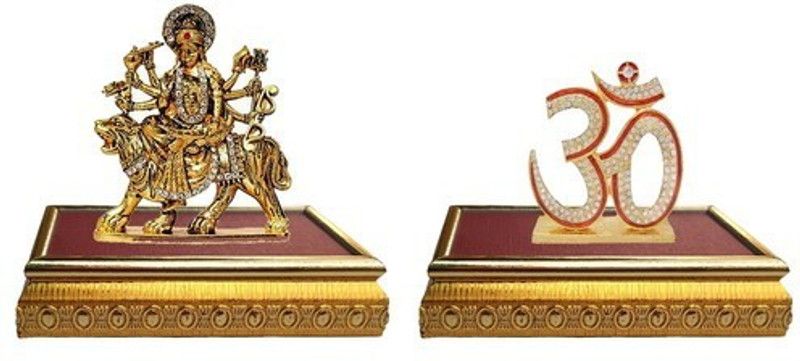 BEI Set of 2 with wooden base Goddess Durga Devi Statue & Lord Shiva Symbol OM Sign Idol Home Décor Pooja Statue Gift item Decorative Showpiece Decorative Showpiece - 10 cm  (Brass, Multicolor)