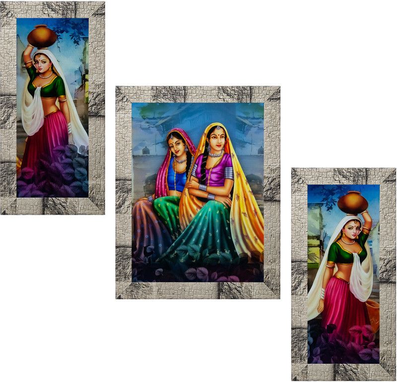 Indianara Set of 3 "Beautiful Village Women" Framed Painting (3521MW) without glass 6 X 13, 10.2 X 13, 6 X 13 INCH Digital Reprint 13 inch x 10.2 inch Painting  (With Frame, Pack of 3)