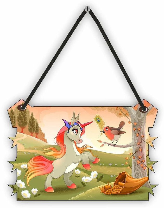 KREEPO Beautiful Unicorn With Sparrow Wooden Wall Hanging Board_KR03  (Dark-Khaki)