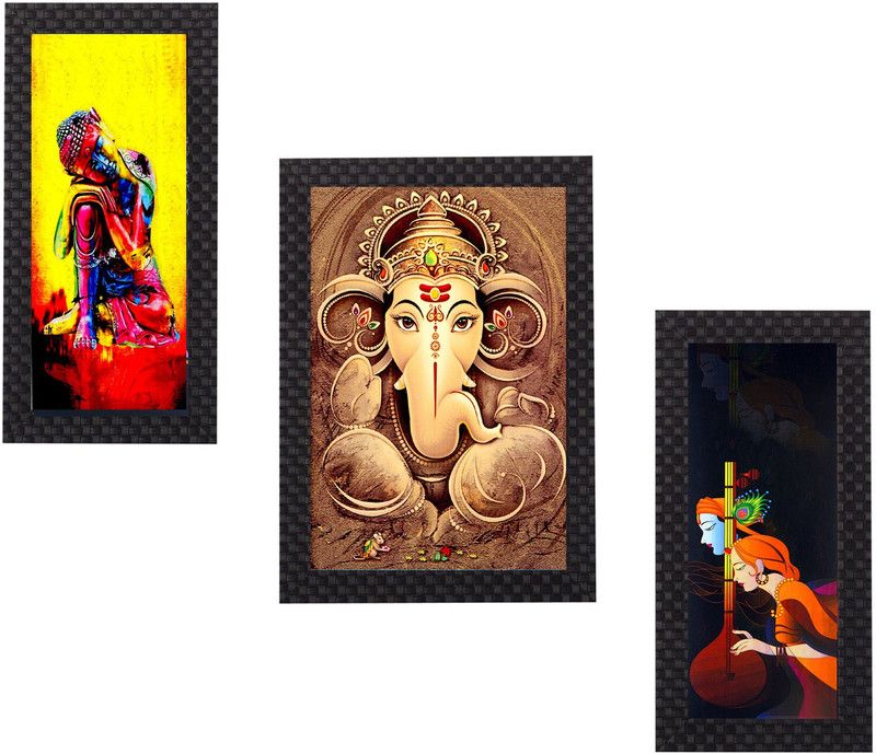 OMArtifa Set Of 3 Decorative Blessing UV Textured Ink 23 inch x 13.5 inch Painting  (With Frame, Pack of 3)