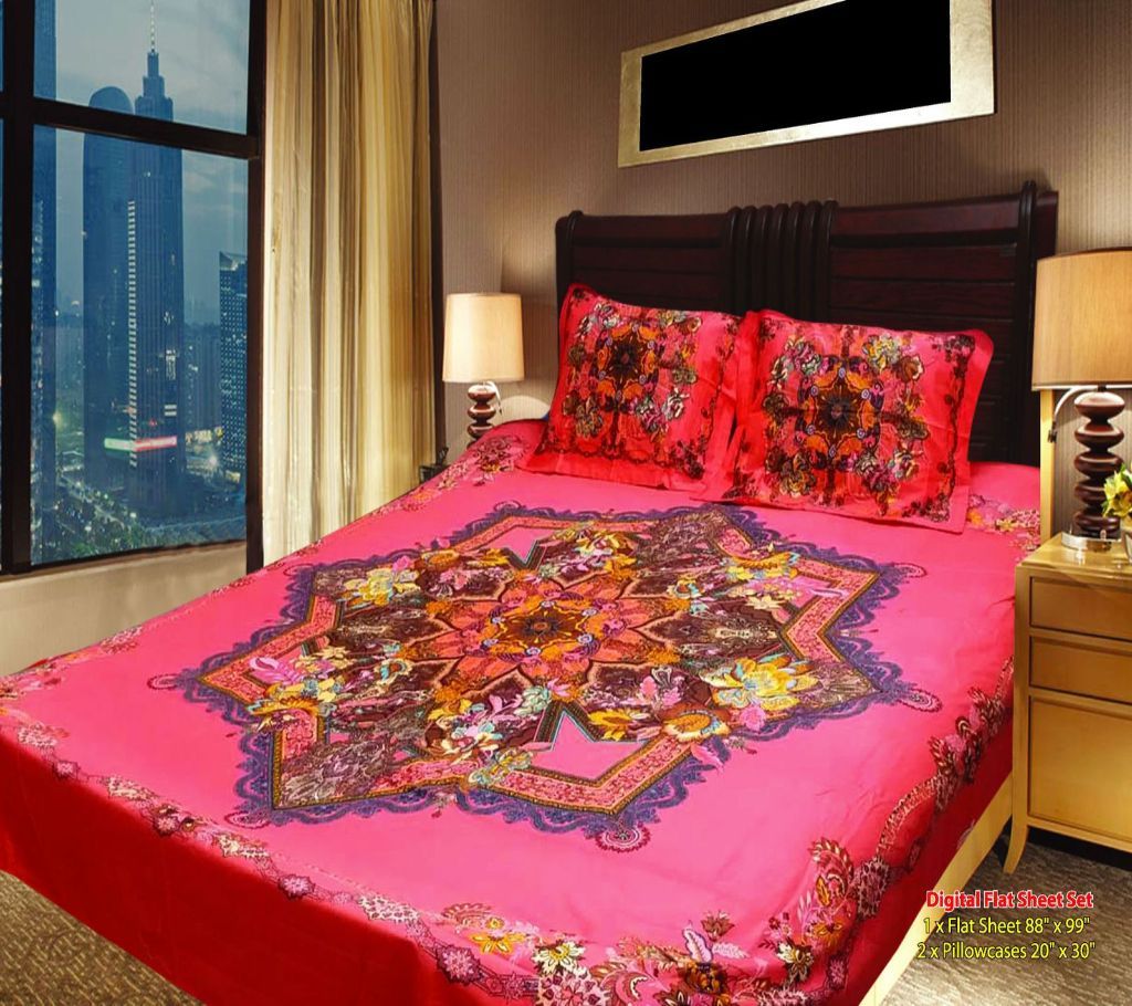 Panel Bedsheet- Light Blue with Flower - ANJ Panel Bedsheet King Size 2 pillow cover Panel fabrics.