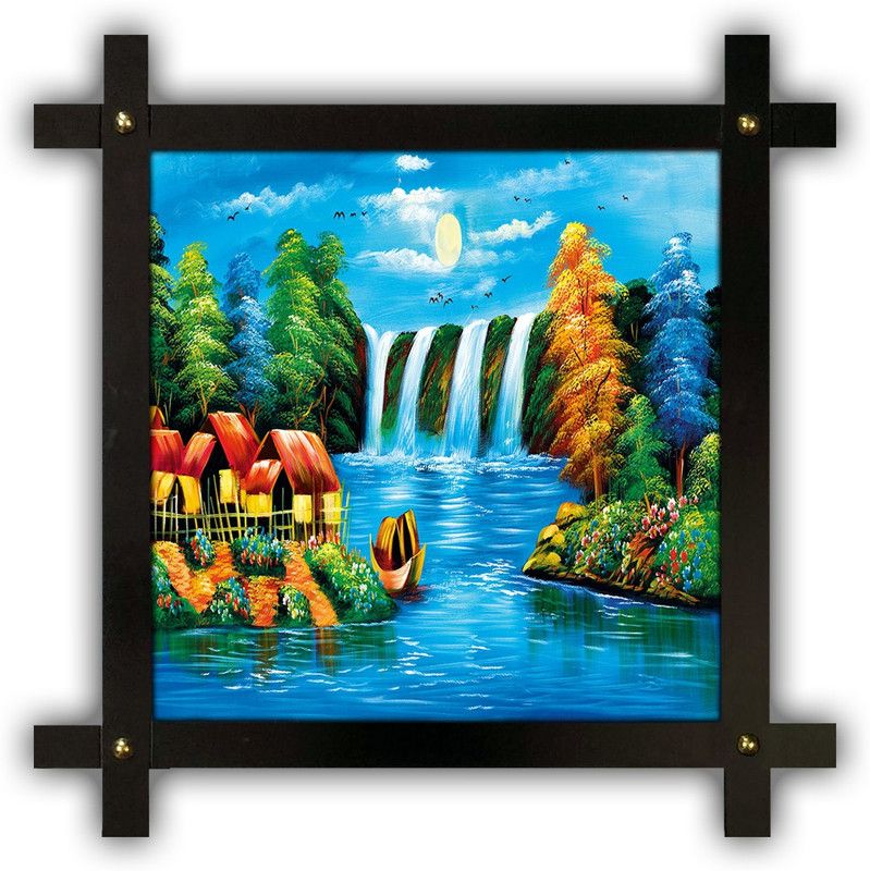 Poster N Frames Cross Wooden Frame Hand-Crafted with photo of Hand Painting Landscape Scenery 9758 Digital Reprint 16.5 inch x 16.5 inch Painting  (With Frame)