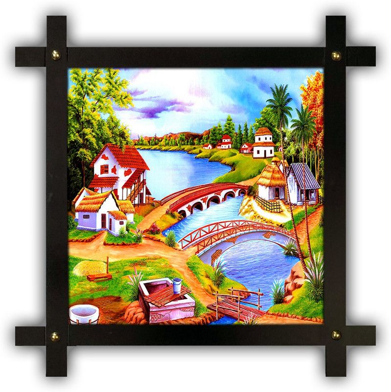 Poster N Frames Cross Wooden Frame Hand-Crafted with photo of Hand Painting Landscape Scenery 16825 Digital Reprint 16.5 inch x 16.5 inch Painting  (With Frame)