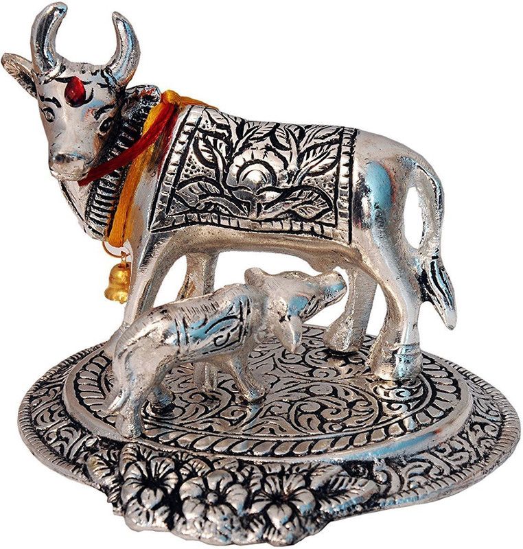 CHUNGROO HappyMaa Cow and Calf, Holy Cow and Calf Statue, Spiritual Showpiece Figurine Sculpture House Warming Gift & Home Decor Congratulatory Blessing Showpiece Gift Item Decorative Showpiece - 10 cm  (Silver Plated, Silver)