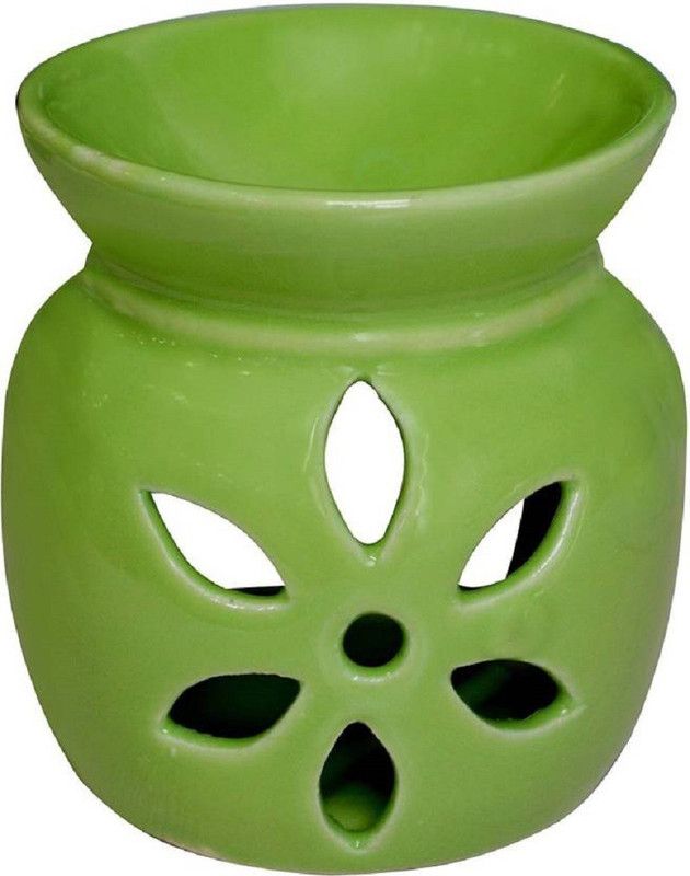 Bright Shop Ceramic aroma Air Freshner Tealight Fragrance Oil Burner Pot Shape Flower Cut Design Green Colour with 10 ML Lemon Flavour Oil. Diffuser  (10 ml)