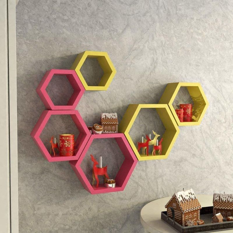 HAMMAD FURNITURE Wall shelf Wall Mounted Hanging Shelf Wall Decorative Shelf MDF (Medium Density Fiber) Wall Shelf  (Number of Shelves - 6, Pink, Yellow)