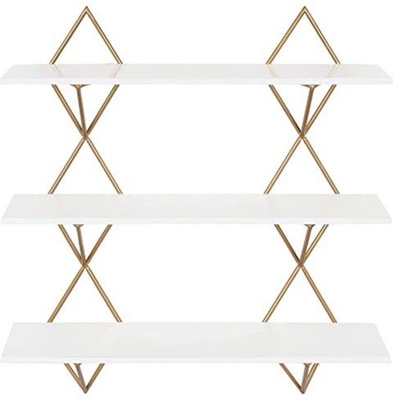 DDecorware Accent Metal and Plywood Wall Mount Shelf Modern Diamond Designed Iron, Wooden Wall Shelf  (Number of Shelves - 3, Gold)