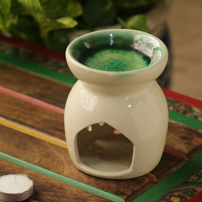 ExclusiveLane Crackled 'Sea Green Sky' Studio Pottery Aroma Diffuser Ceramic 1 - Cup Tealight Holder  (White, Pack of 1)