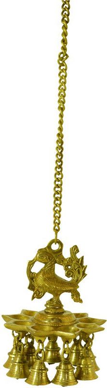 Santarms Brass Hanging Peacock Diya with Bells Long Chain Decorative Showpiece - 57 cm  (Brass, Gold)