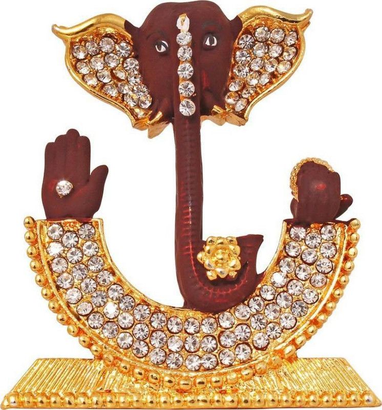9facts Lord Ganesha Car Dashboard Idol Spiritual Vastu Pooja Figurine Sculpture / Designer Stone Studded Puja Religious Idol Decorative Showpiece Decorative Showpiece - 7 cm  (Gold Plated, Multicolor)