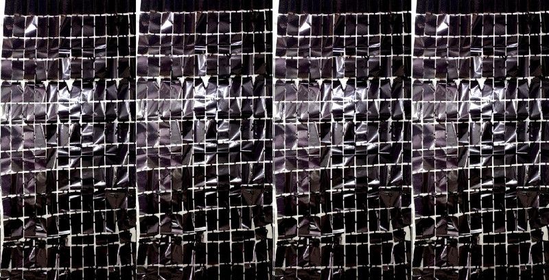 ANVRITI Four Black Square fringe foil curtain Pack of 4  (Black)