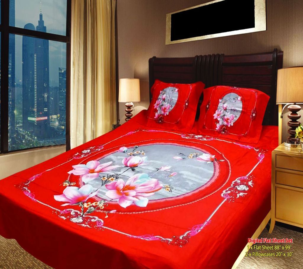 Panel Bedsheet- Red with Flower Design - ANJ