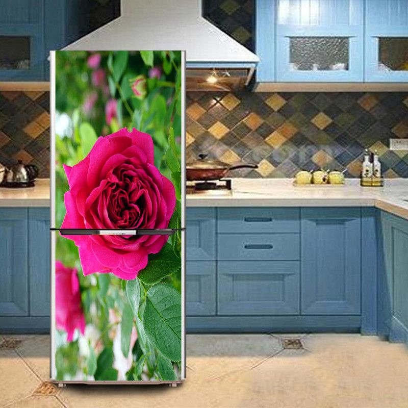 K2A Studio 60 cm Beautiful potted Red Rose with green leaves fridge Sticker Self Adhesive Sticker  (Pack of 1)