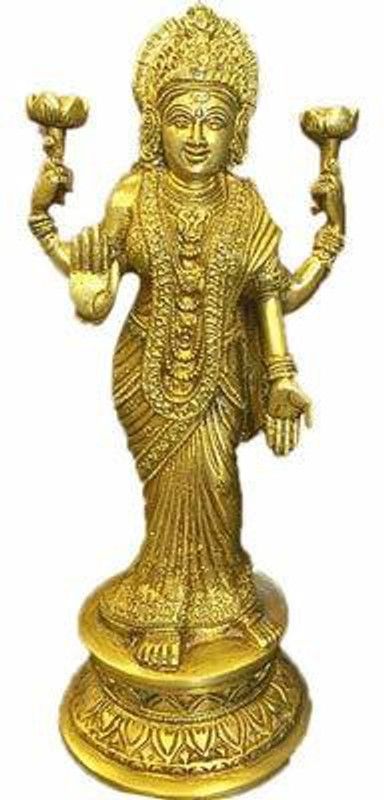 vrindavan shopi Made Shri Maha Lakshmi Idol in Standing Position/Maha Lakshmi Brass Idol 700gms Decorative Showpiece - 11 cm  (Brass, Gold)