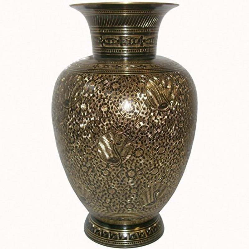 Skywalk HAND CRAFTED METAL BRASS FLOWER VASE WITH BIDRI NAKKASHI WORK, COLLECTIBLE ART,PERFECT FOR HOME DECORATION AND GIFTING Brass Vase  (11 inch, Black, Gold)