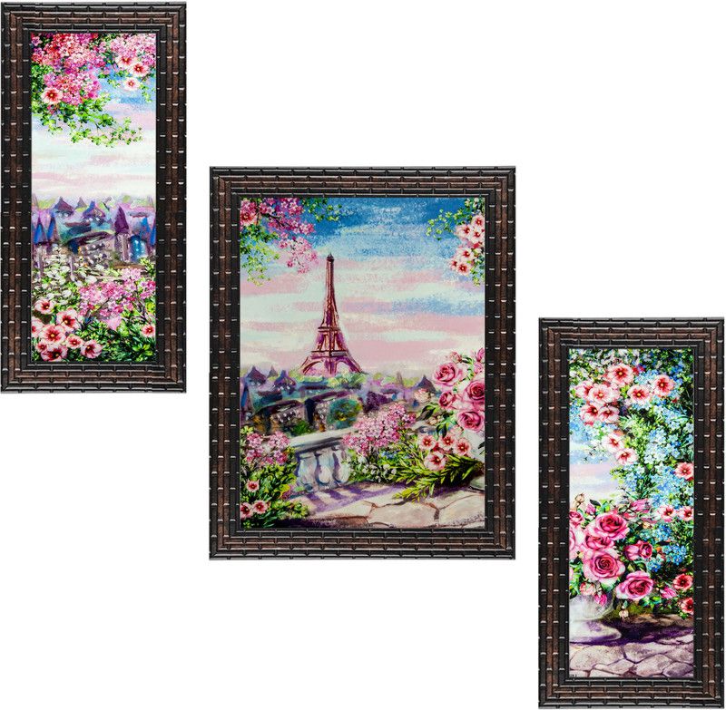 Indianara Set of 3 Stunning Pink Roses and Eiffel Tower at the Backdrop Framed Art Painting (3591GB) without glass Digital Reprint 13 inch x 10.2 inch Painting  (With Frame, Pack of 3)