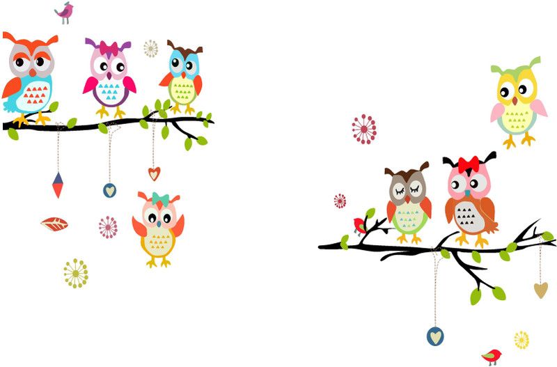 Crown Decals 91 cm decorative beautiful owls couple on tree branch multicolor pvc vinyl wall sticker Self Adhesive Sticker  (Pack of 1)