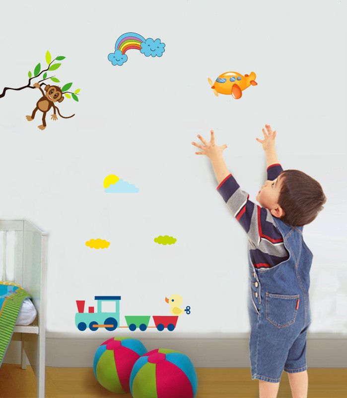 sp decals 57.7 cm abstract decorative hanging monkey train wall sticker Self Adhesive Sticker  (Pack of 1)