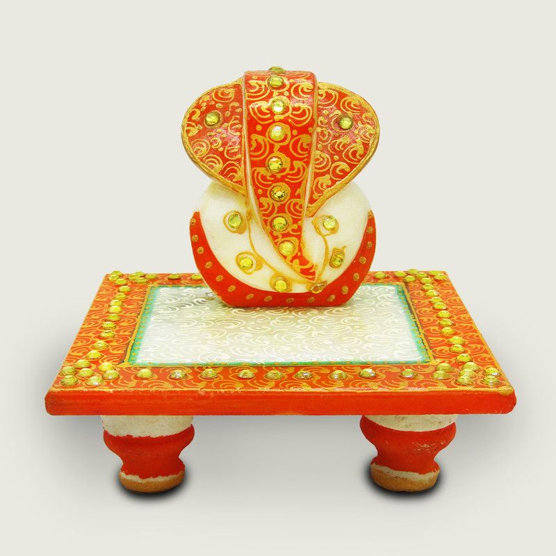 Herbisense Lord Ganesha with Puja Chowki Makrana Marble Handmade Ganpati Bappa Decorative Showpiece - 10 cm  (Marble, Multicolor)
