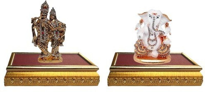 9facts Set of 2 with wooden base  God Radha Krishna Couple Idol & God Ganesh / Ganpati / Lord Ganesha Idol - Statue Gift item Decorative Showpiece Decorative Showpiece - 9 cm  (Brass, Multicolor)
