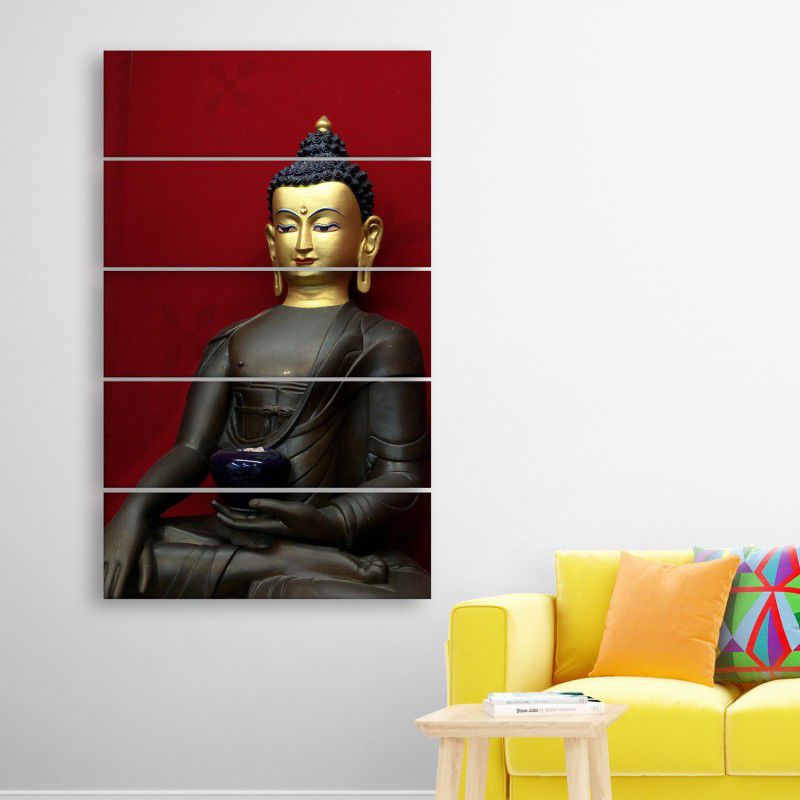 inephos Inephos Multiple Frames Beautiful Buddha Wall Painting for Living Room, Bedroom, Office, Hotels, Drawing Room | Split Painting of 5 (150cm x 76cm) Digital Reprint 30 inch x 52 inch Painting  (With Frame, Pack of 5)