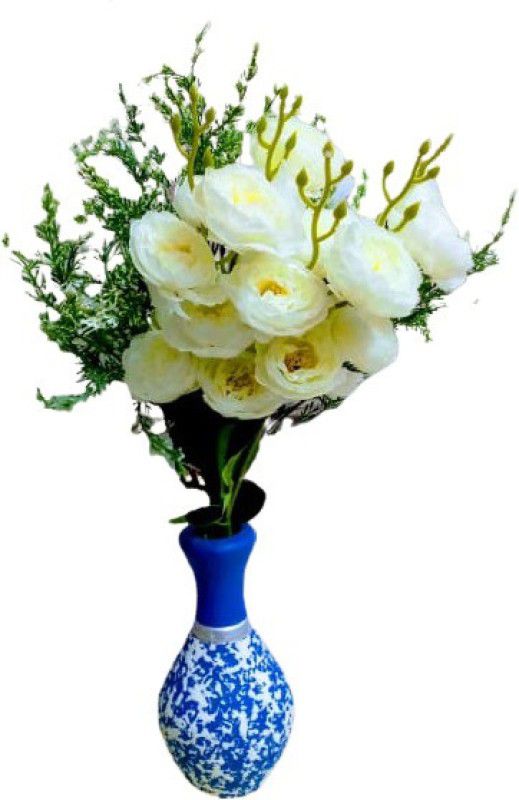 Magic of Gifts White Rose Artificial Flower with Pot  (16 inch, Pack of 1, Flower Bunch)