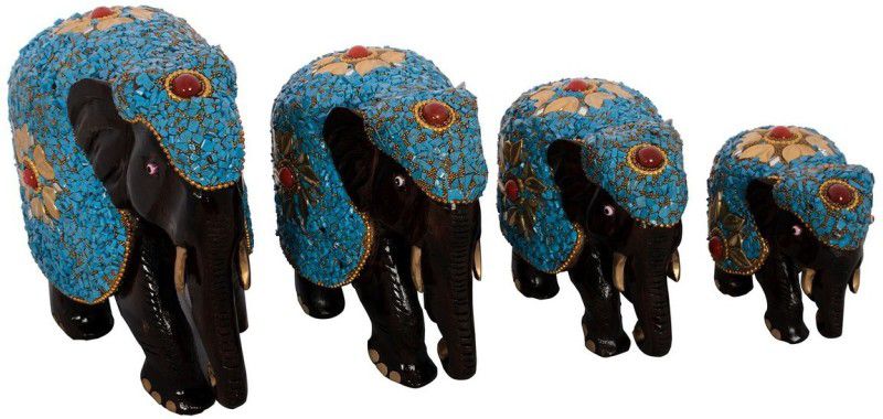 eCraftIndia Set of 4 Family Elephants with Blue Jewelled Shawl Decorative Showpiece - 15.24 cm  (Wood, Blue, Brown)
