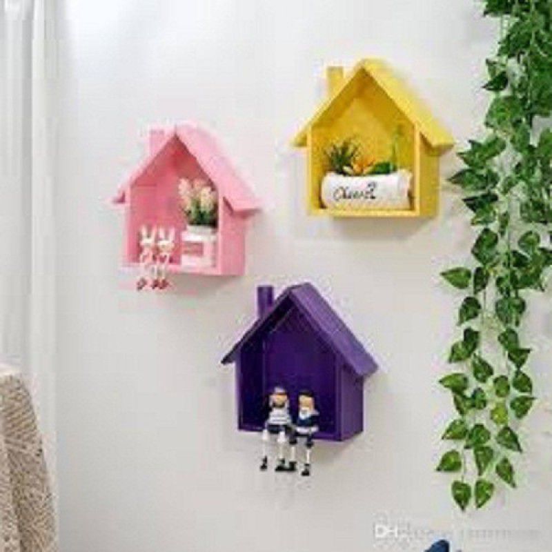 AN Craft Wall shelf Hut shape shelves MDF (Medium Density Fiber) Wall Shelf  (Number of Shelves - 3, Pink, Yellow, Purple)