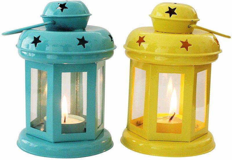 SV Traders Home Decorative Lantern with Tealight Candle Set of 2(Yellow and Blue) Glass, Iron Candle Holder Set  (Blue, Yellow, Pack of 2)