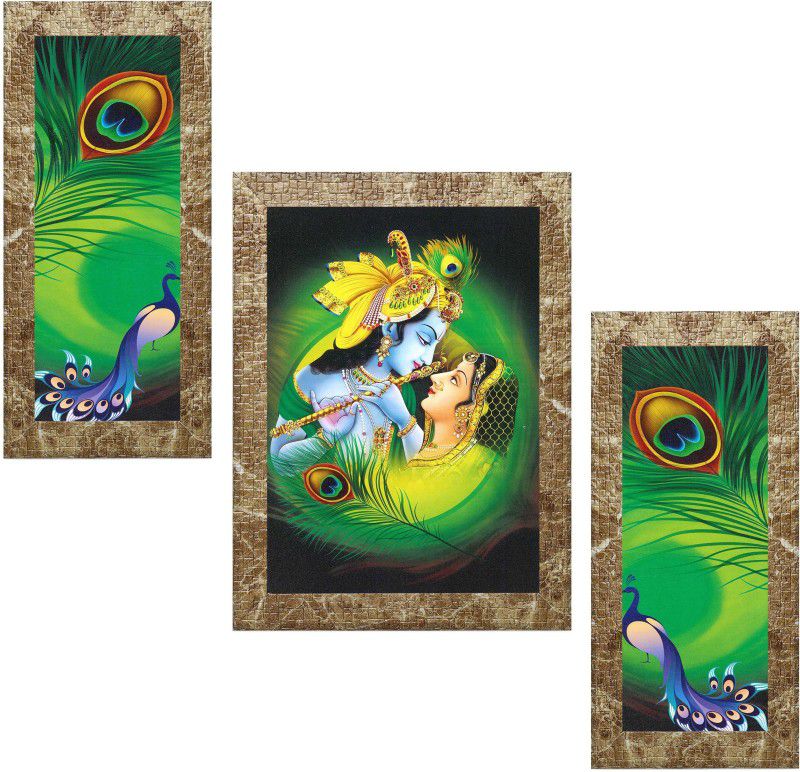 Indianara Set of 3 Radha Krishna with Peacocks Art Painting (4152MBR) without glass Digital Reprint 13 inch x 10.2 inch Painting  (With Frame, Pack of 3)