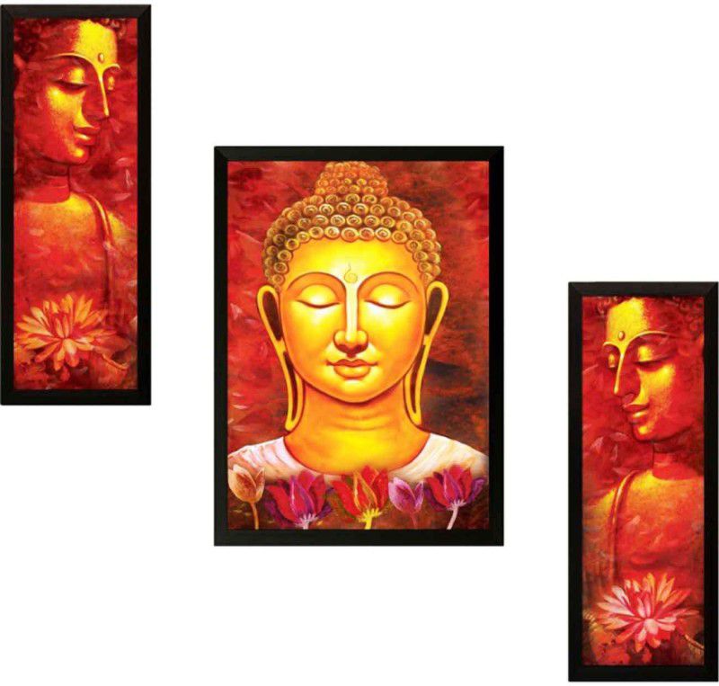 Craft Junction Set of 3 Lord Buddha Art Print Design Matt Textured UV Digital Reprint 13.5 inch x 9.5 inch Painting  (With Frame, Pack of 3)